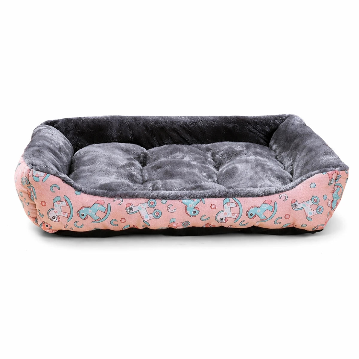 Lit rectangulaire pour chien en velours gris moelleux, rebords épais et extérieur rose à motifs.