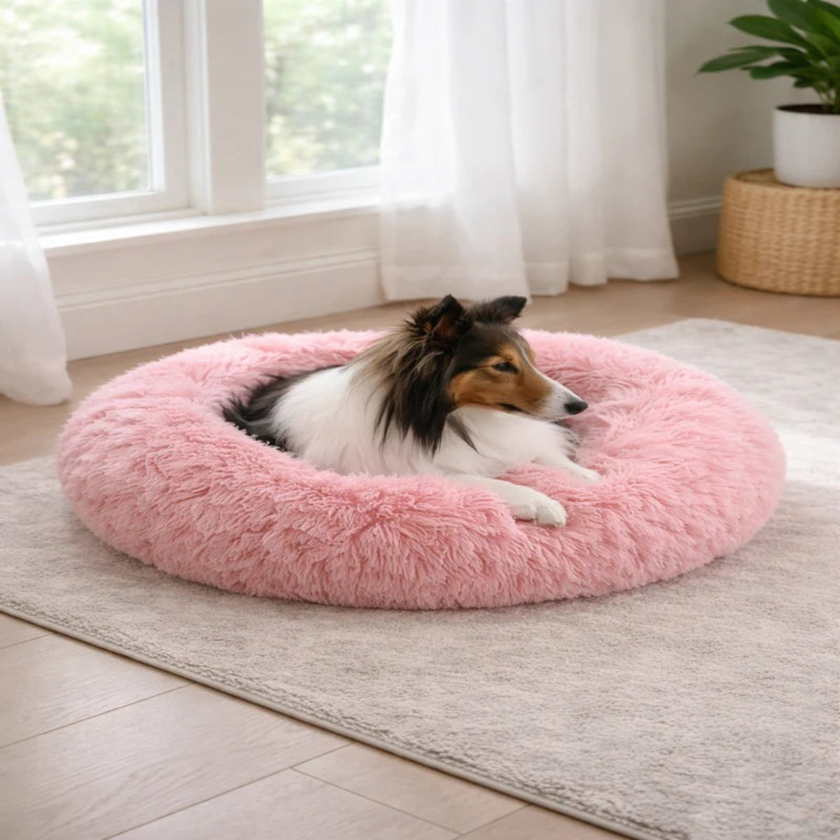 Chien colley allongé dans un lit rond en peluche rose pour chien