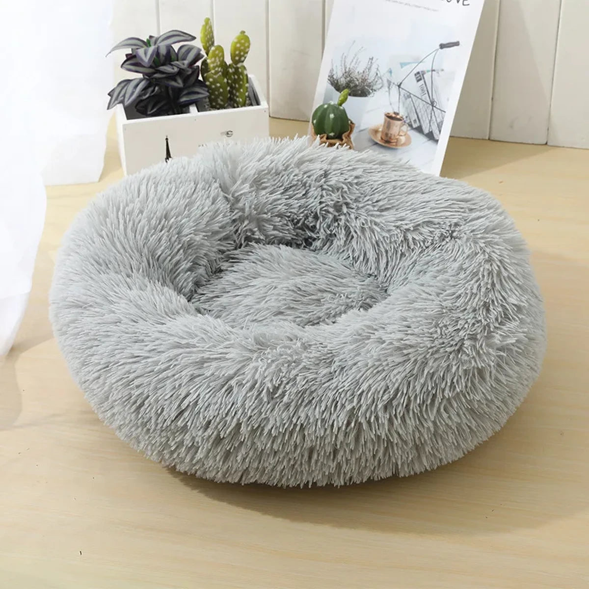 Lit rond en peluche gris pour chien