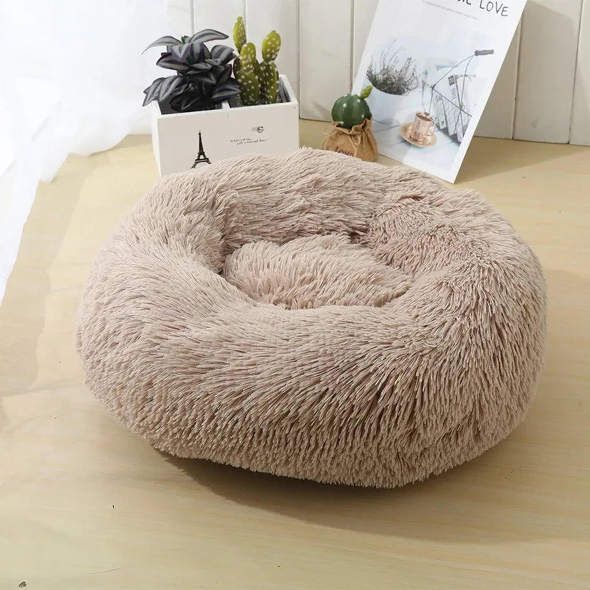 Lit rond en peluche kaki pour chien