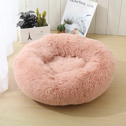 Lit rond en peluche rose pour chien