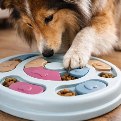 Chien colley utilisant sa patte pour pousser une mangeoire lente interactive puzzle
