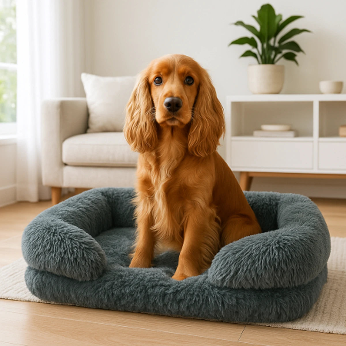 Chien assis dans un panier pour chien gris et confortable