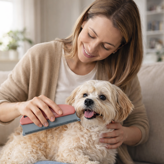 Maîtresse peignant son petit chien à l’intérieur avec une brosse anti-poils