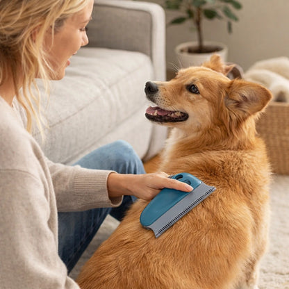 Maîtresse brossant son chien avec un peigne épilateur pour retirer efficacement les poils en douceur à la maison