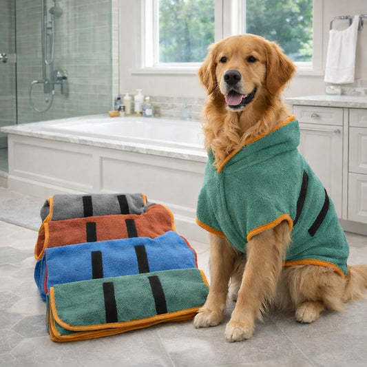 Peignoir absorbant pour chien après bain dans une salle de bain moderne