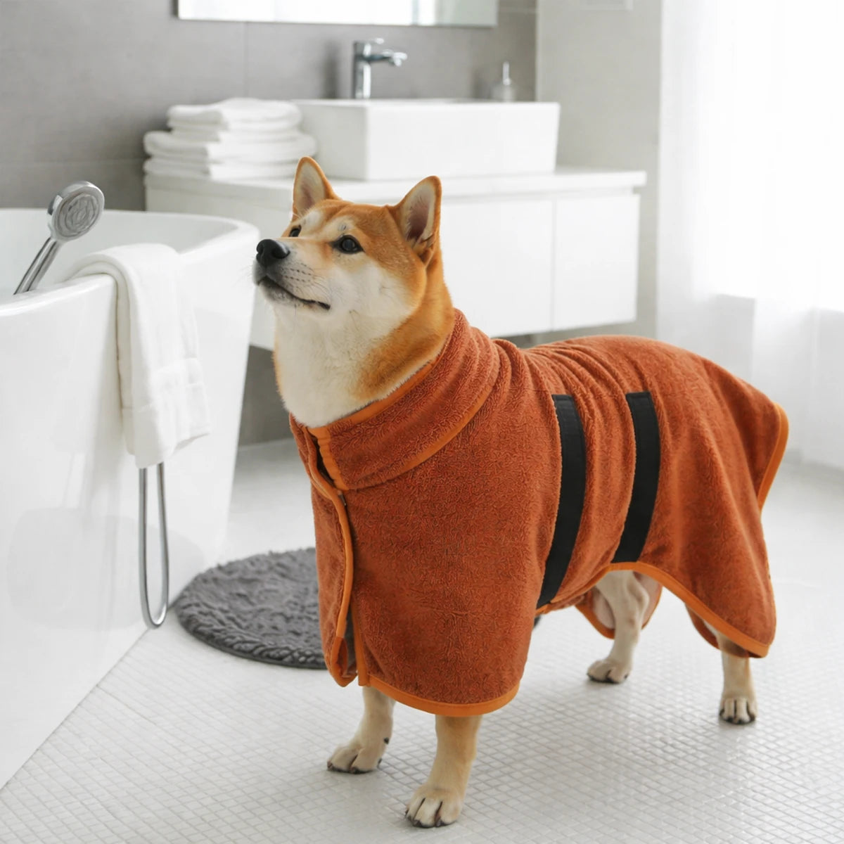 Peignoir absorbant pour chien porté dans une salle de bain moderne