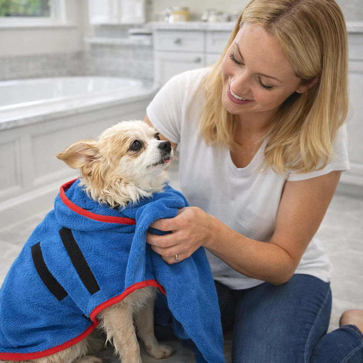Petit chien portant un peignoir absorbant pendant le séchage après le bain à la maison
