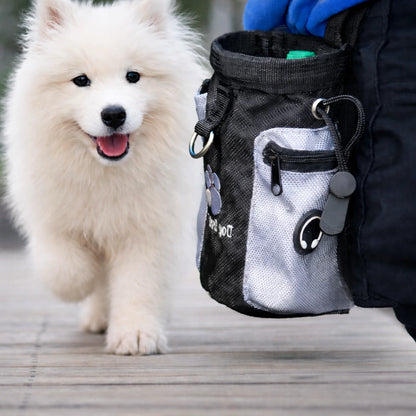 Petit chien blanc en promenade avec une pochette à friandises pour chien accrochée à la ceinture