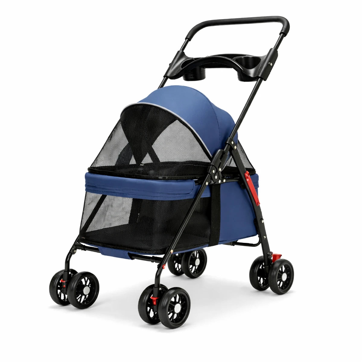 Poussette pliable pour chien de petite et moyenne taille, coloris bleu, avec compartiment respirant et roues multidirectionnelles