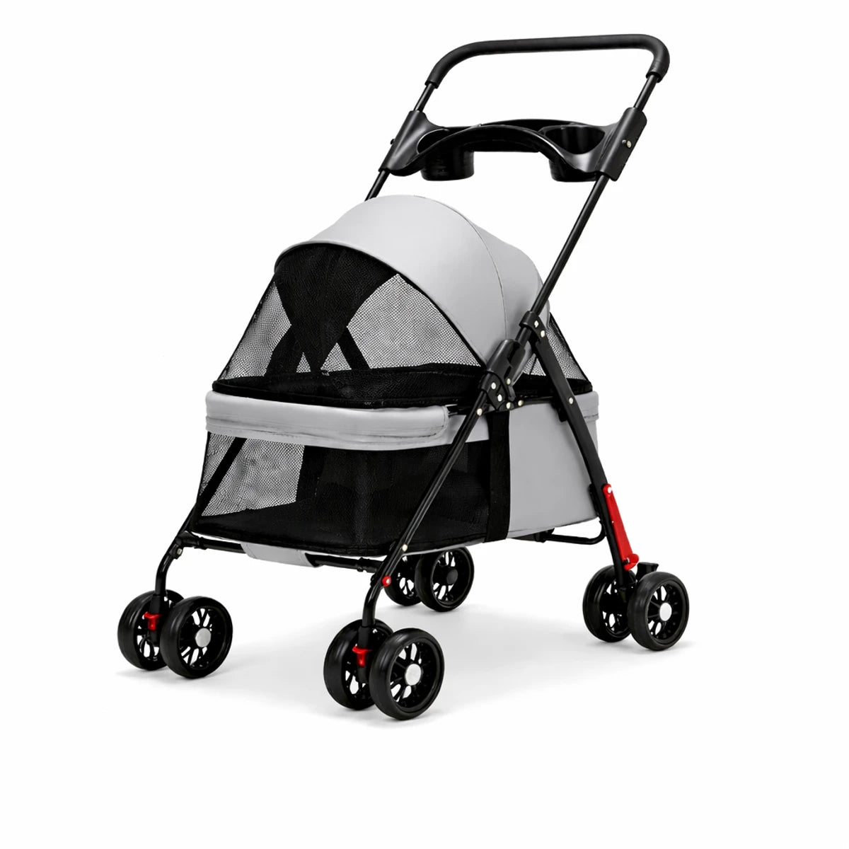 Poussette pliable pour chien de petite et moyenne taille, coloris gris, avec panier ventilé et roues pivotantes
