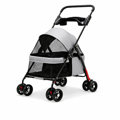 Poussette pliable pour chien de petite et moyenne taille, coloris gris, avec panier ventilé et roues pivotantes