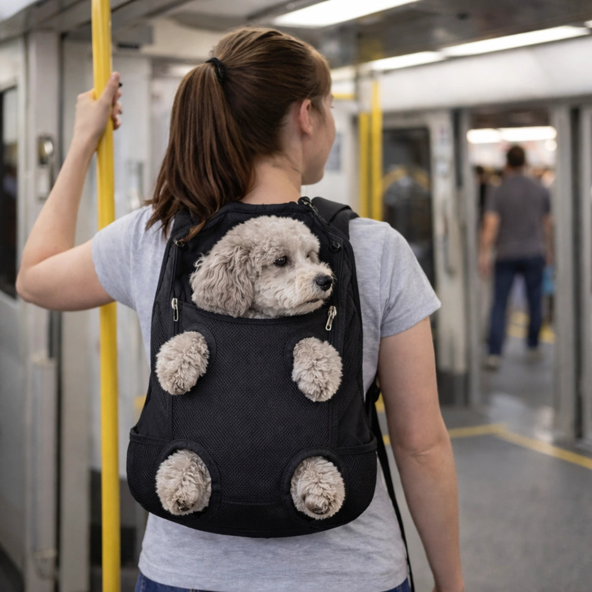 Femme portant un sac à dos de transport respirant pour chien dans le métro, chien confortablement installé.