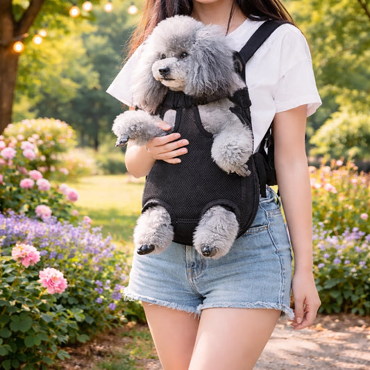 Femme portant un sac à dos de transport respirant pour chien avec petit chien confortable en balade extérieure