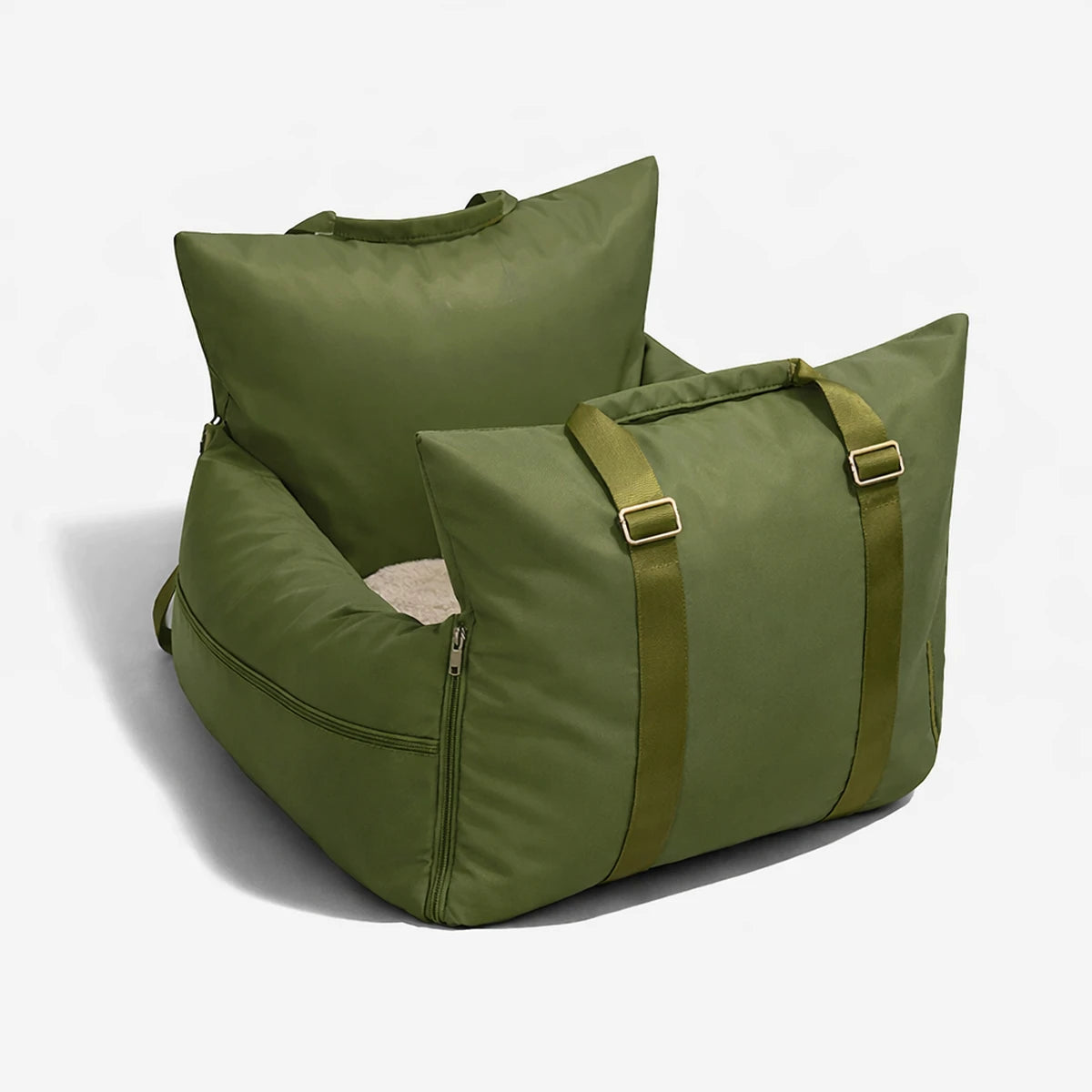 Sac de transport pour chien confortable vert kaki, coussin intégré et sangles réglables