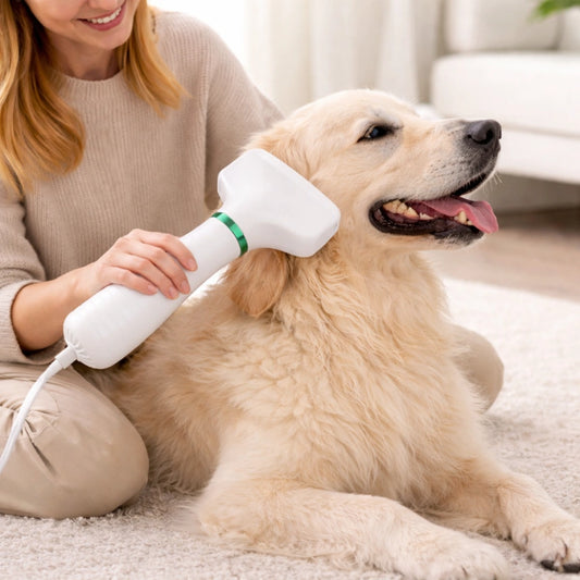 Séchoir pour chien 2-en-1 avec peigne de toilettage utilisé sur chien à poils longs à la maison