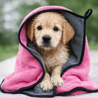 Chiot mouillé enveloppé dans une serviette absorbante rose et grise pour chien après le bain