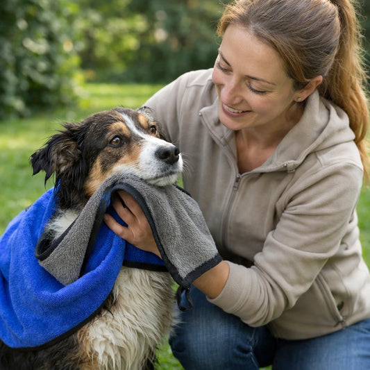 Maitresse essuyant son chien avec une serviette absorbante à séchage rapide 