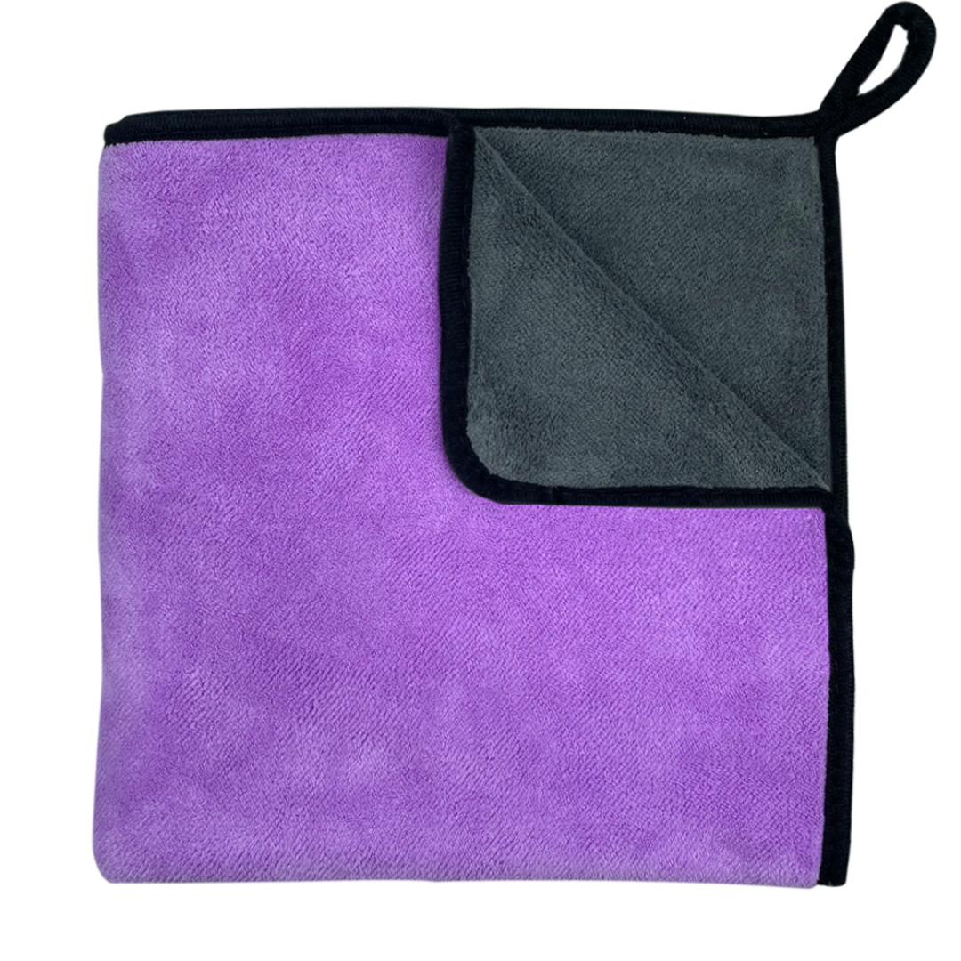 Serviette absorbante pour chien et chat en microfibre double face violette et grise à séchage rapide