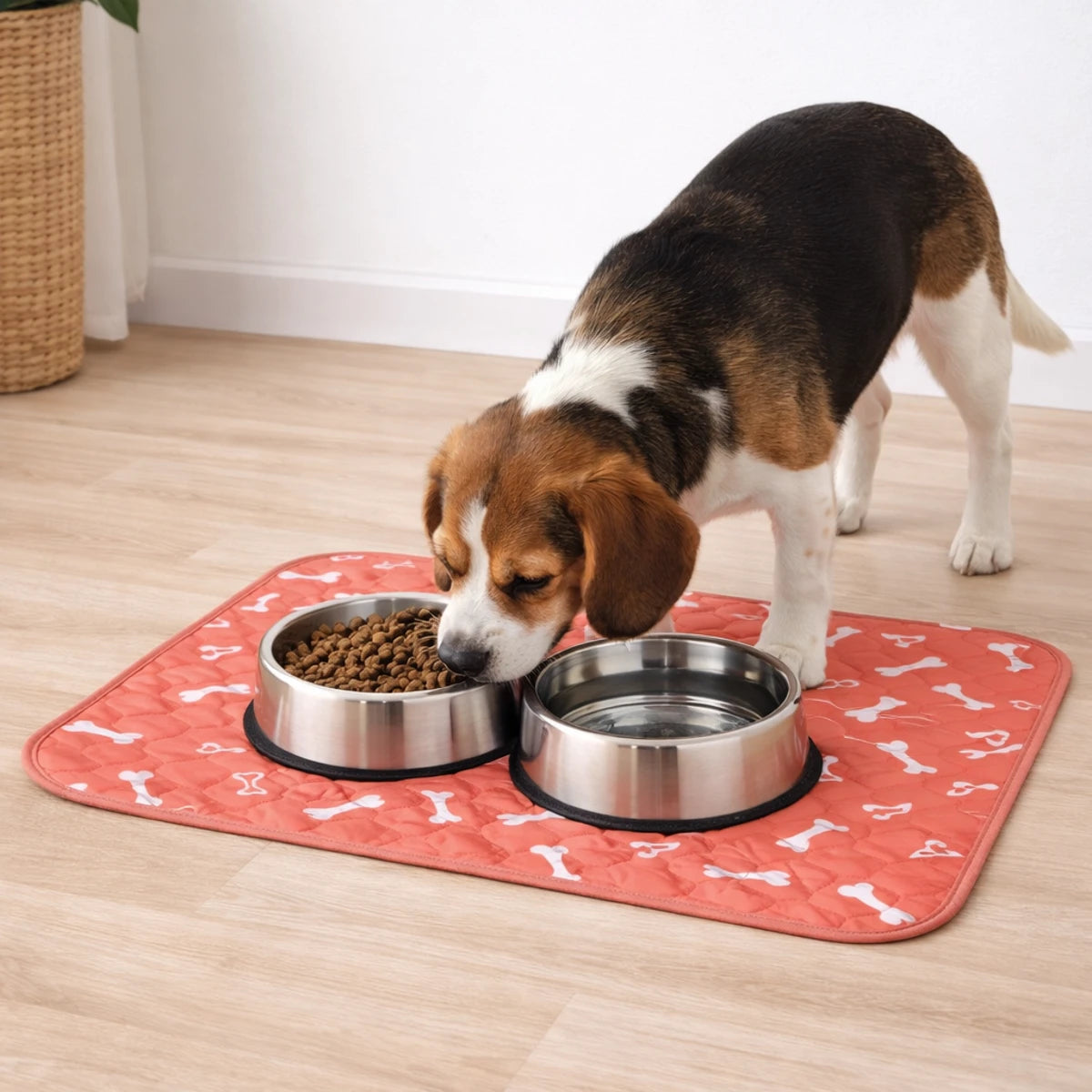 Tapis pour chien sous gamelles d’eau et croquettes