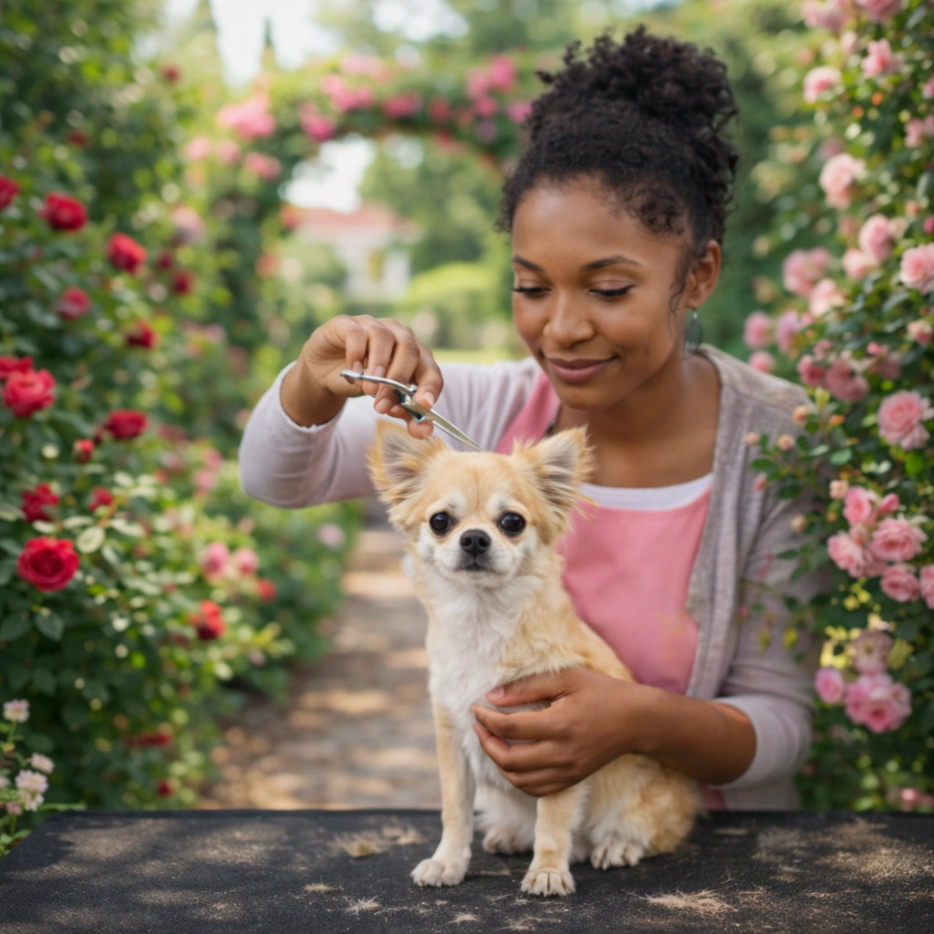 Maîtresse coupant les poils de son petit chien avec des ciseaux de toilettage professionnels