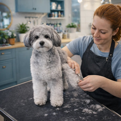 Toilettage d’un chien à domicile par sa maîtresse, coupe des poils des pattes avec des ciseaux de toilettage