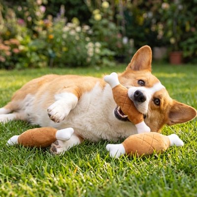 Un corgi joue dans l’herbe avec un jouet en forme d’os.